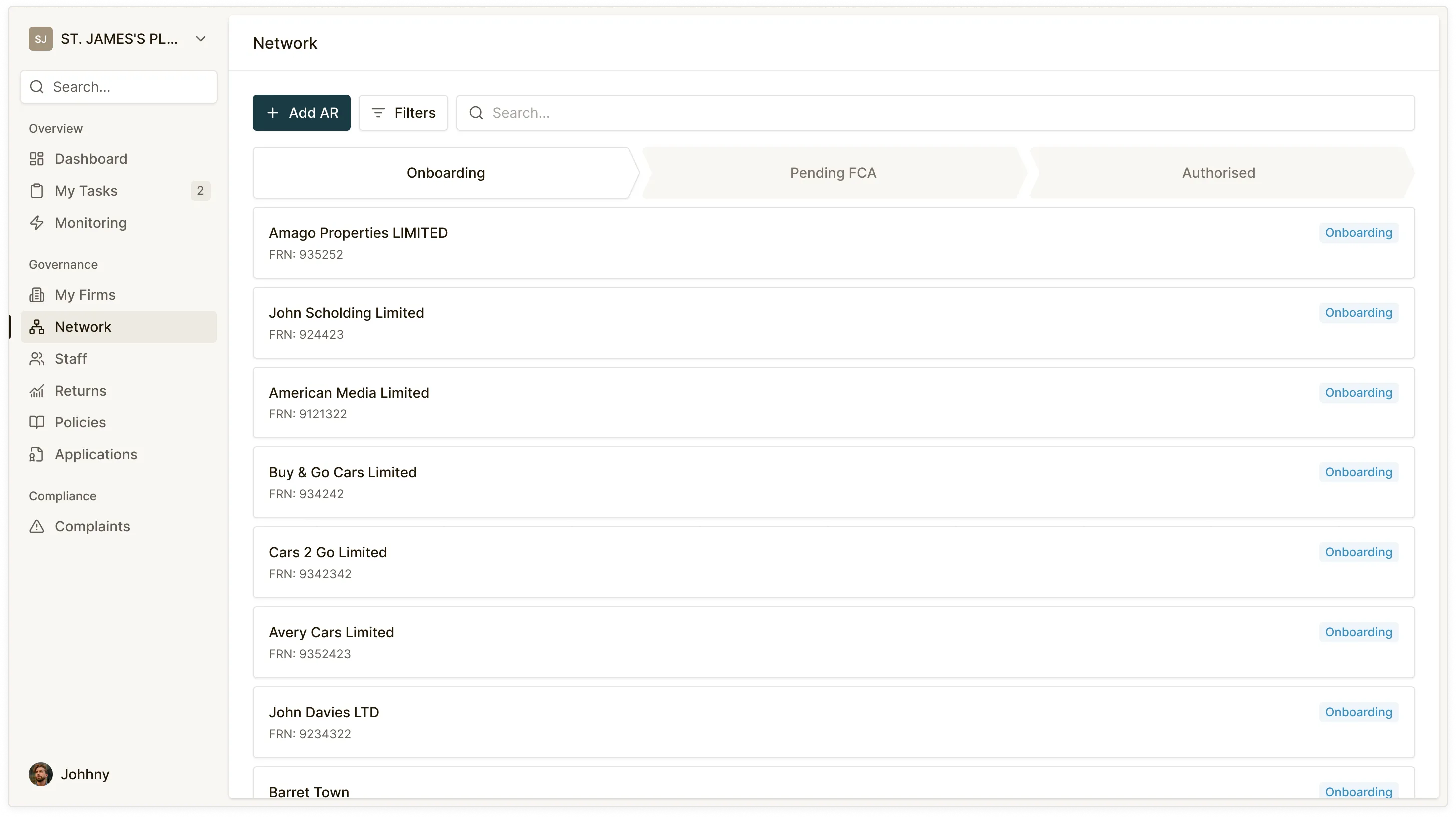 Merrin AR network management dashboard showing connected Appointed Representatives